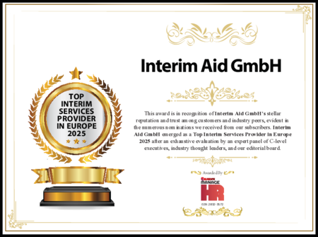 Logo der Auszeichnung "Top Interim Service Provider in Europa 2025" von Manage HR Europe für Interim Aid GmbH