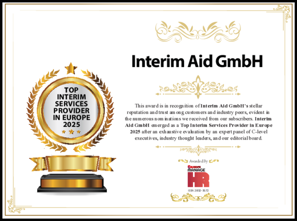 Logo der Auszeichnung "Top Interim Service Provider in Europa 2025" von Manage HR Europe für Interim Aid GmbH